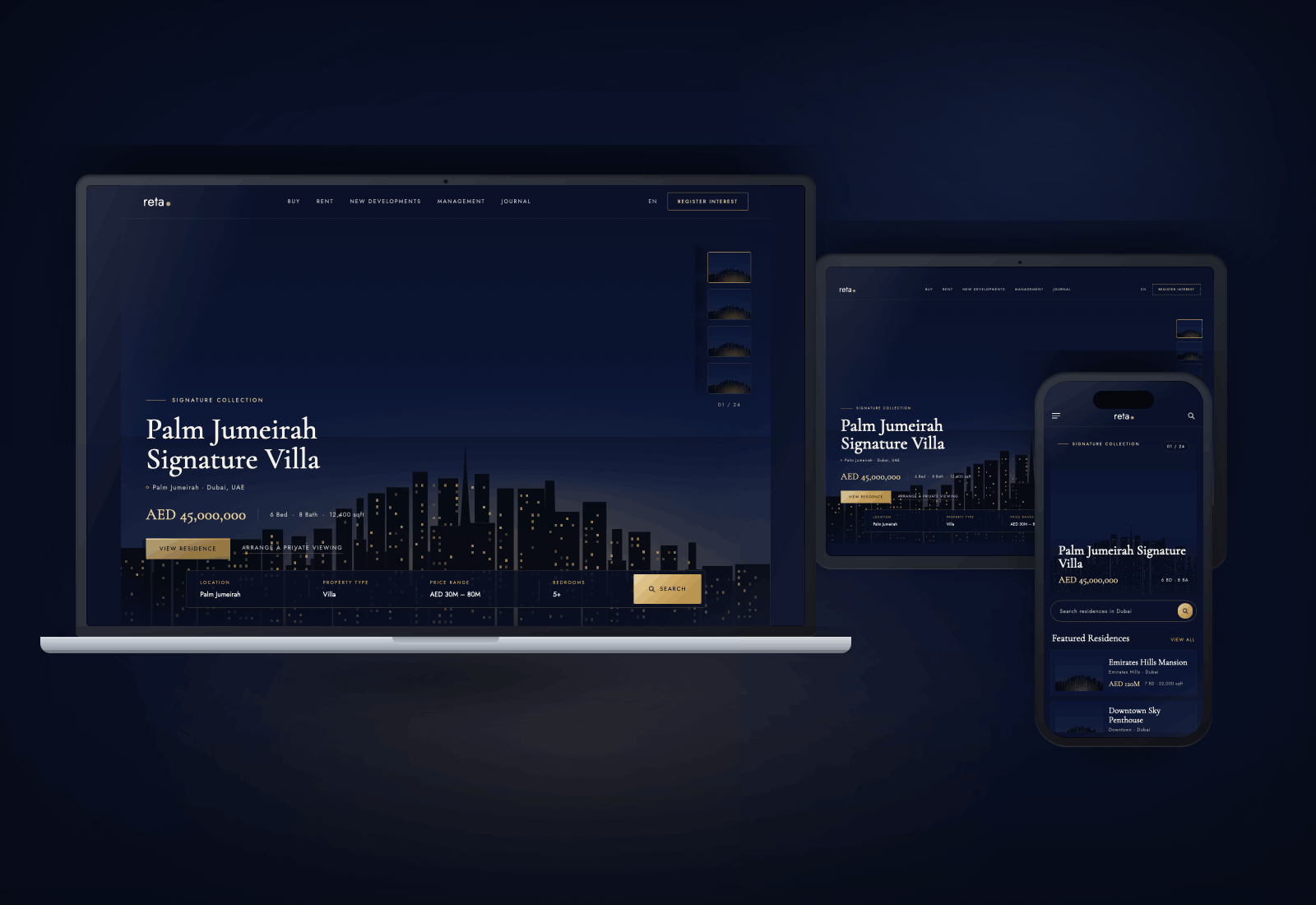 The Reta International web portal displayed across a laptop, tablet, and smartphone simultaneously